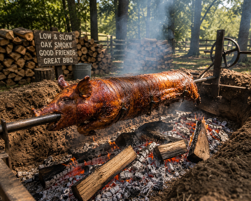 Pig Roast 3 Whole roasted pig on a spit over an open fire, smoke rising, with a sign reading 'Low & Slow Oak Smoke Good Friends Great BBQ' in the background.