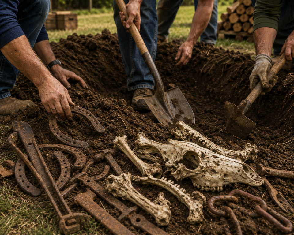 Pig Roast 4 People dig in a dirt grave with shovels as a skeleton and bones lie exposed nearby among rusty tools in the soil.