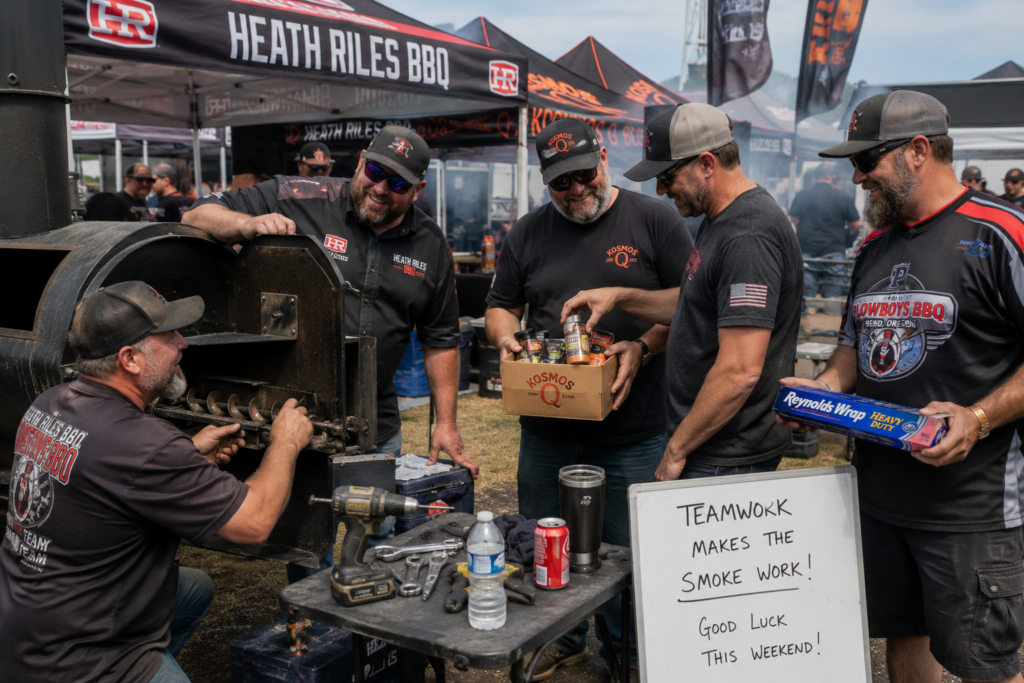 A group of men at a barbecue competition gathers around a smoker, holding sauces and tools under a Heath Riles BBQ canopy.