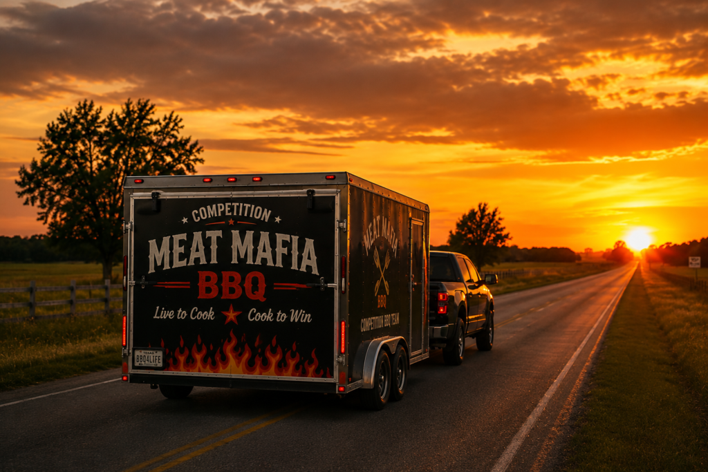 BBQ trailer labeled Meat Mafia BBQ on a rural road at sunset, flames graphic along the bottom edges