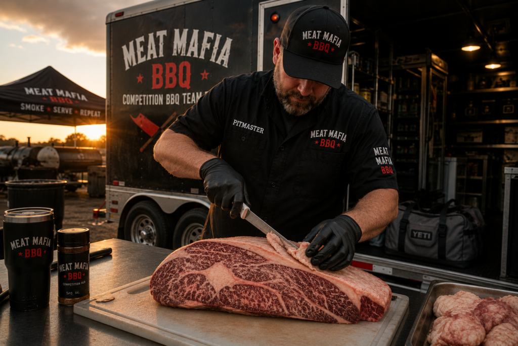 Pitmaster from Meat Mafia BBQ carving a large marbled beef roast on a cutting board beside a trailer. Sunset light in the background.