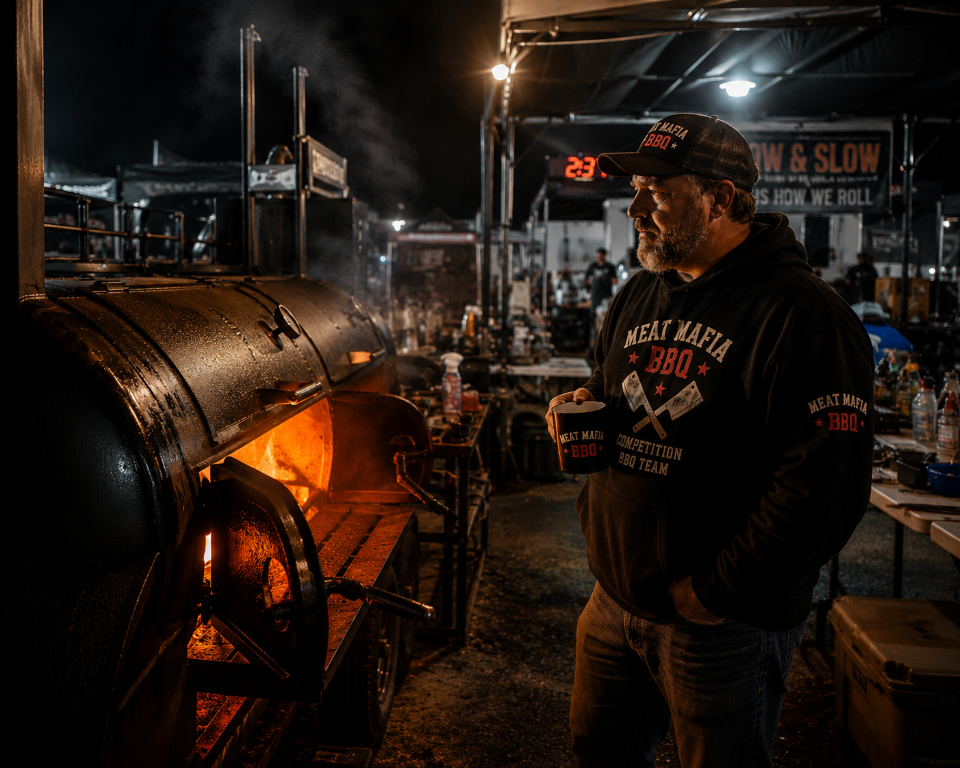 Road_Never_Ends_06 Man in a Meat Mafia BBQ hoodie stands beside a large, glowing smoker at a night barbecue competition.