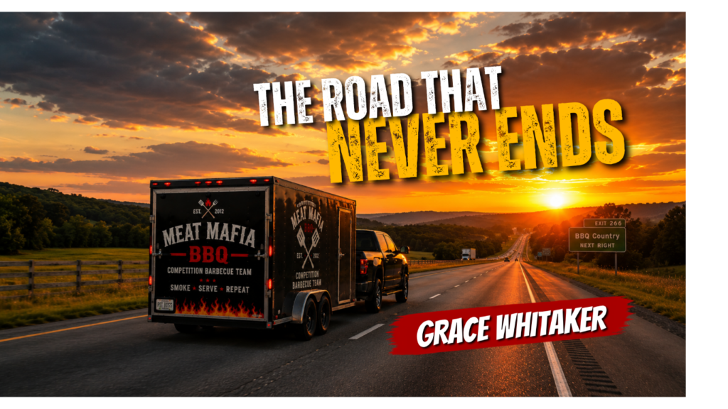 Trailer on a highway at sunset with bold, overlaid title 'THE ROAD THAT NEVER ENDS' and author 'GRACE WHITAKER.'