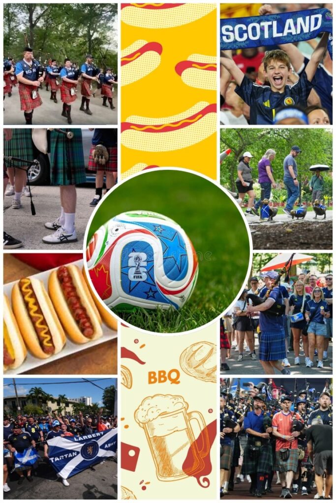 image003 Collage of sports and social events centered on a FIFA soccer ball, with surrounding images of fans, parades, outdoor activities, and food stalls.