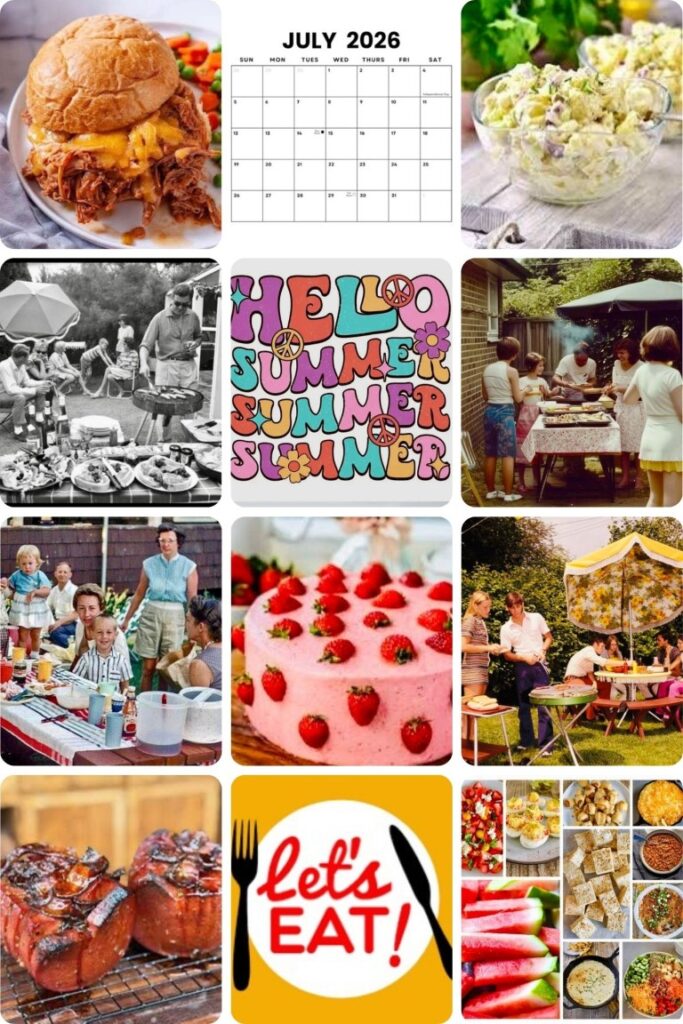image004 Collage of a summer party with burgers, salads, desserts, a July calendar, and people enjoying outdoor food and socializing.