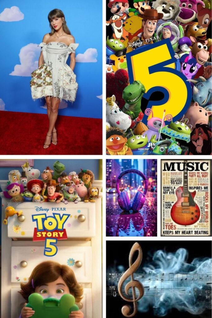 image006 Collage with Taylor Swift on the left and a Toy Story 5 poster with Disney Pixar characters on the right.