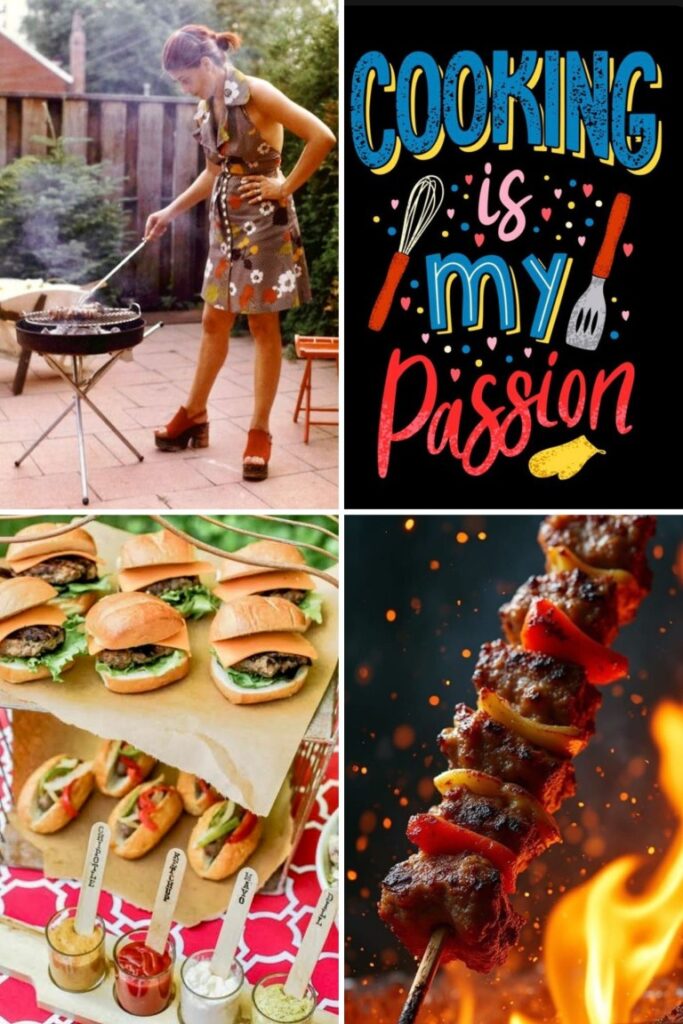 image008 Woman grilling in a backyard, a bright 'Cooking is my passion' sign, mini burgers with sauces, and a skewered meat kebab over flames.