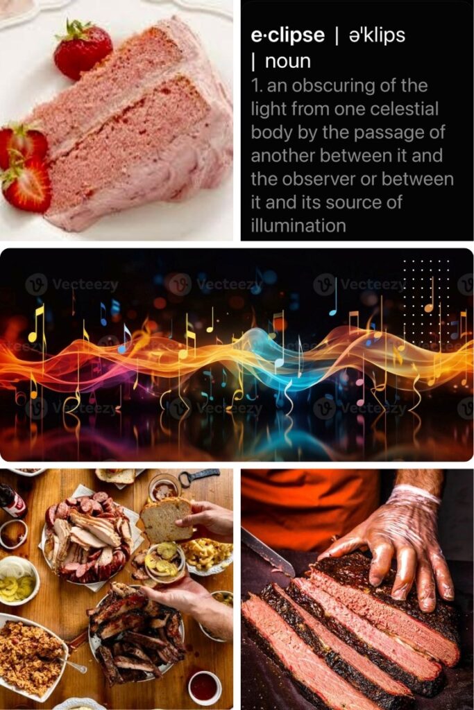 image009 Collage showing a pink strawberry cake slice with berries, a dictionary-style definition card, a colorful musical wave graphic, a meat platter with bread, and a chef carving sliced roast beef.