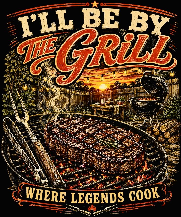 image010 Poster-style barbecue scene with a large steak on a grill and the headline 'I'LL BE BY THE GRILL' and the tagline 'WHERE LEGENDS COOK'.