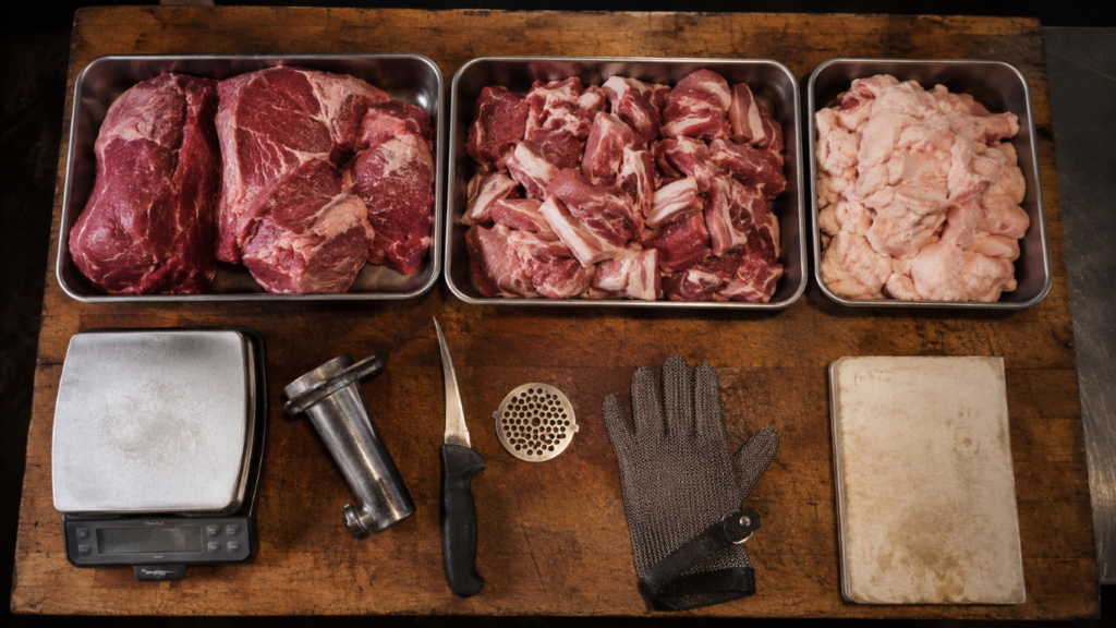 Three metal trays of raw meat (large cuts, diced chunks, and pale offal) arranged on a wooden butcher’s table, with a scale, meat mallet, knife, grinder plate, glove, and a notebook nearby.