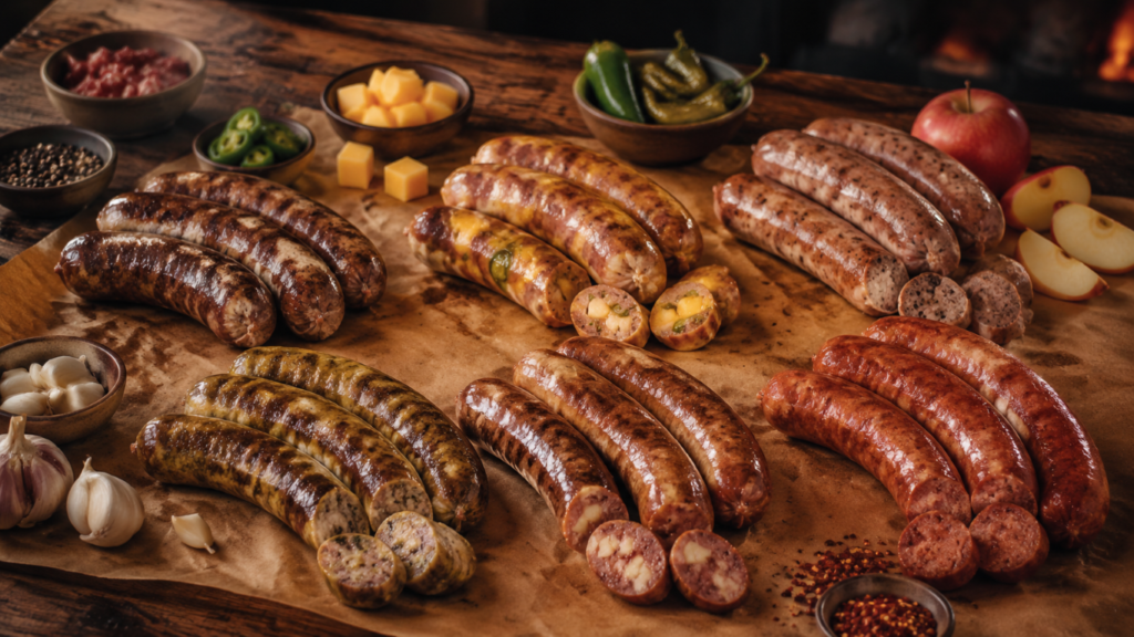 Assorted grilled sausages on parchment with bowls of peppers, cheese cubes, garlic, and apple slices on a rustic wooden table.