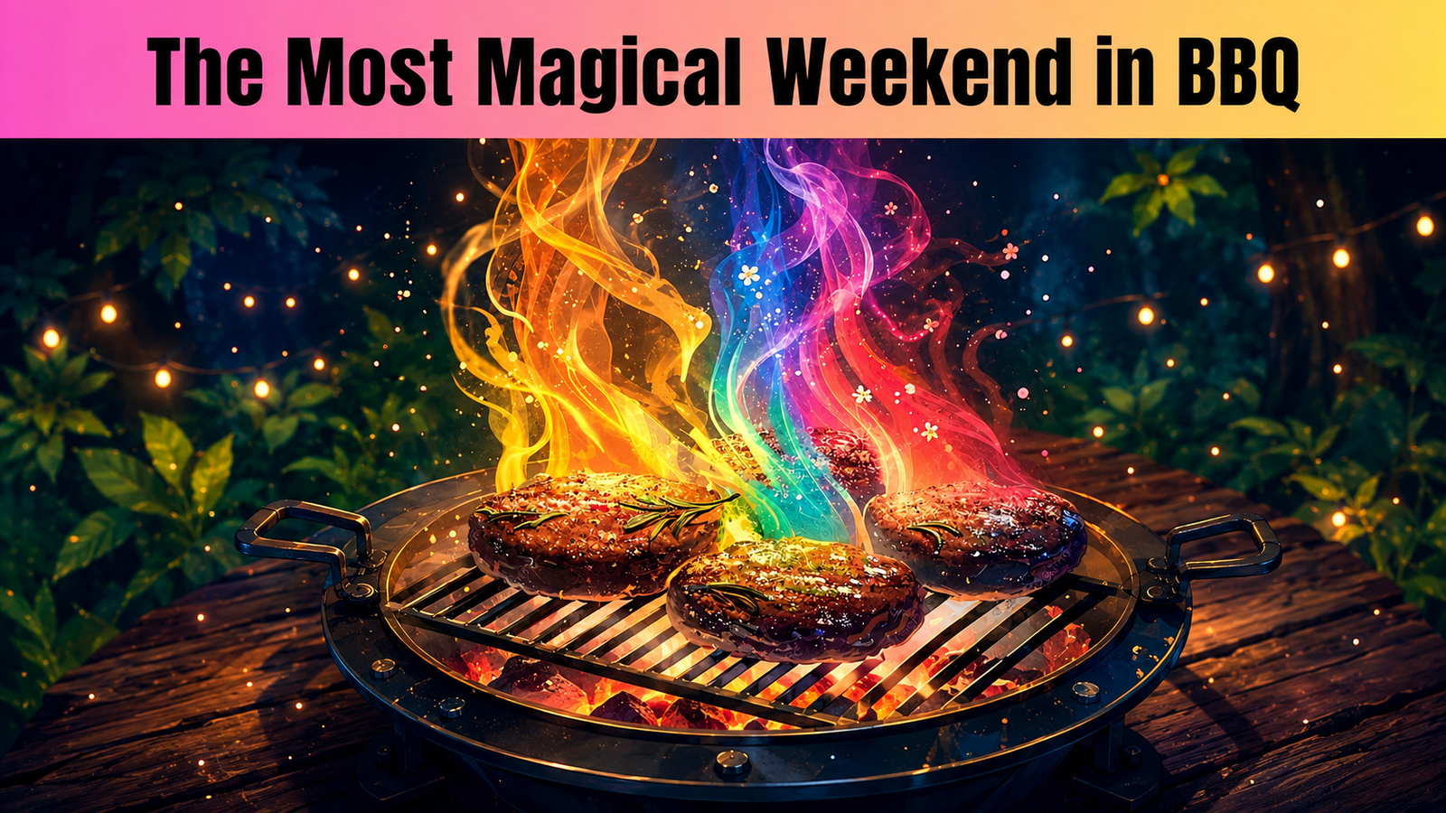 Round outdoor grill with three glazed donuts on the grate, colorful rainbow flames rising above them in front of a garden backdrop with string lights.