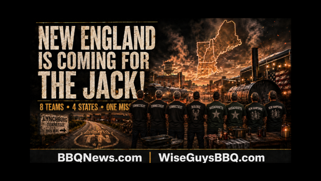 Poster-style image with bold text announcing 'New England is coming for the jack' against a fiery background and a row of men wearing 'Connecticut' and other state names, a map outline of New England, and a BBQ/industrial frontier scene.