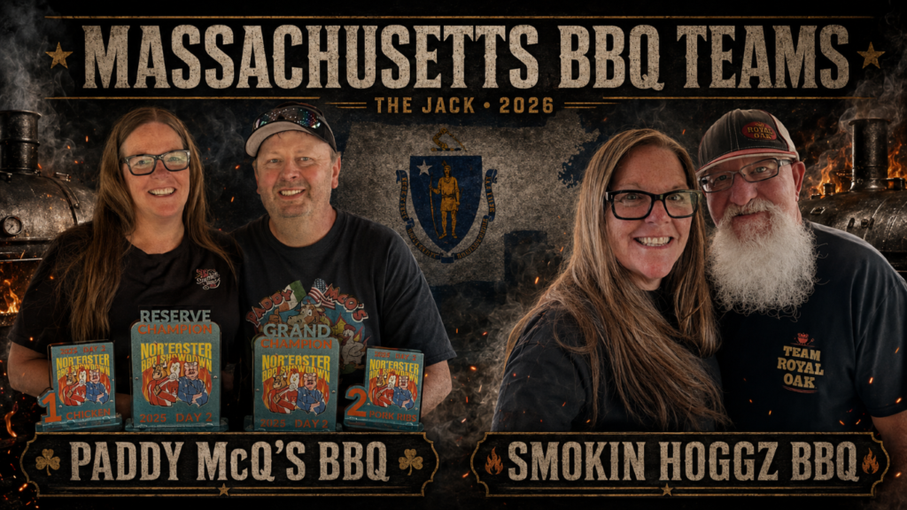 Jack_2026_02 Banner for Massachusetts BBQ Teams with two groups: Paddy McQ's BBQ on left, Smokin Hogz BBQ on right, smiling contestants in front of smoky grill backdrop.