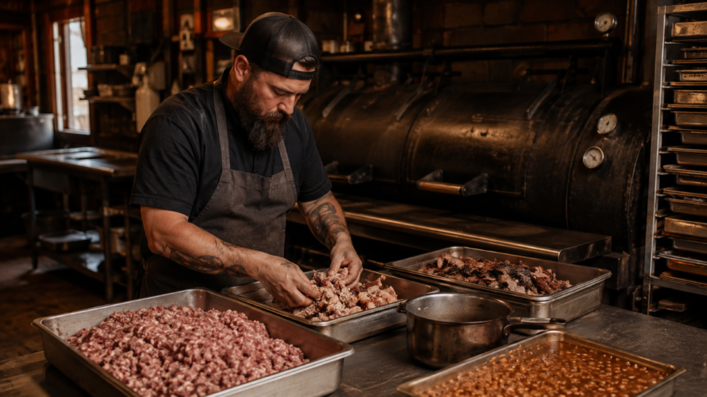 Bearded man in a black shirt and apron shredding meat in a dimly lit commercial kitchen with a large smoker in the background.