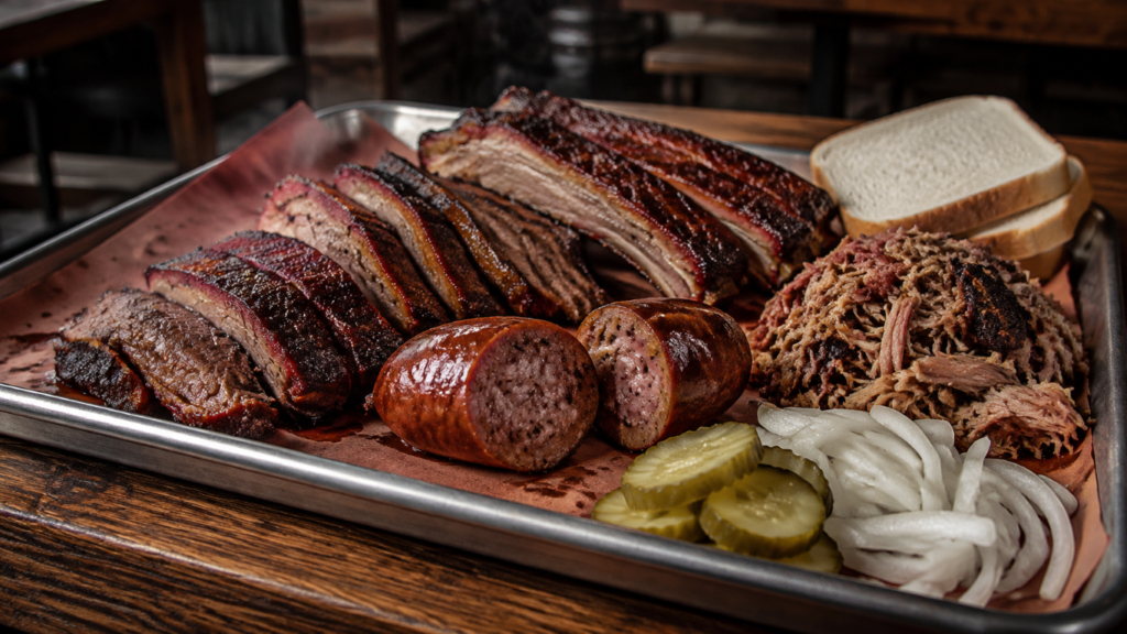 Barbecue platter with sliced smoked brisket, sausage, pulled pork, onions, pickles, and stacked white bread on a metal tray.