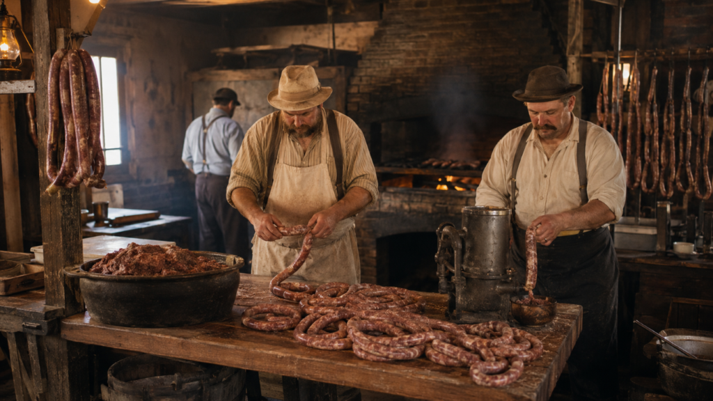 Two butchers in a rustic kitchen twist sausages by hand, with long coils on a wooden table and a meat tub nearby.