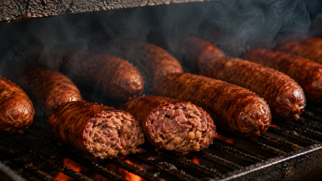 Close-up of juicy sausages browning on a barbecue grill with wisps of smoke above them.