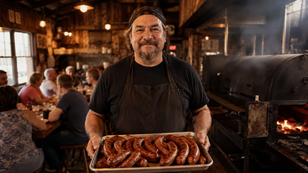 Smiling cook in a black shirt and apron presents a tray of curved sausages in a rustic kitchen with a large grill in the background.