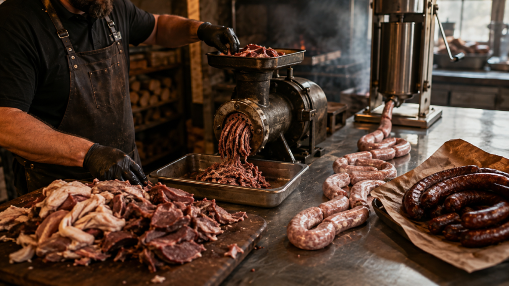 Butcher in a black apron grinds meat into a tray under a meat grinder on a stainless table.