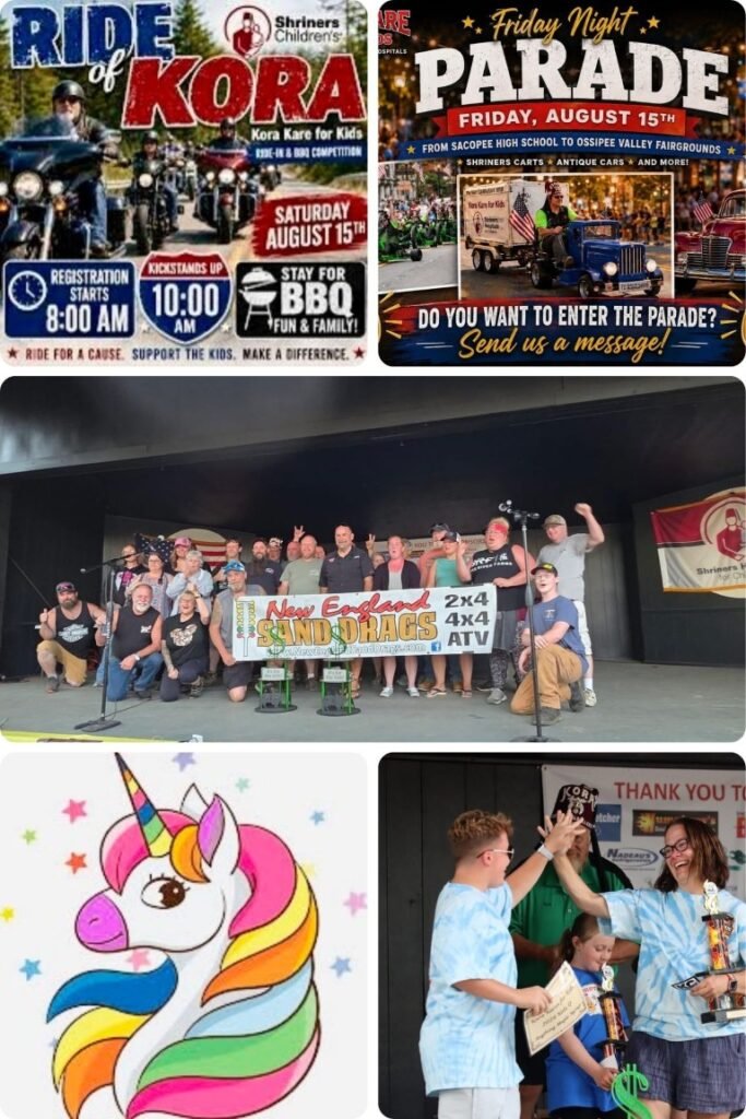 image002 Collage of community event posters and photos: motorcycle charity event, parade poster, group stage photo, colorful unicorn illustration, and an awards ceremony scene.