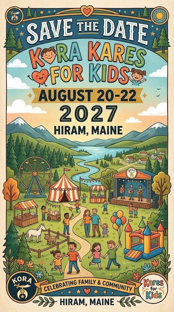 image004 Colorful festival poster for Kora Kares for Kids in Hiram, Maine, August 20–22, 2027, with mountains, ferris wheel and tents in a valley scene.