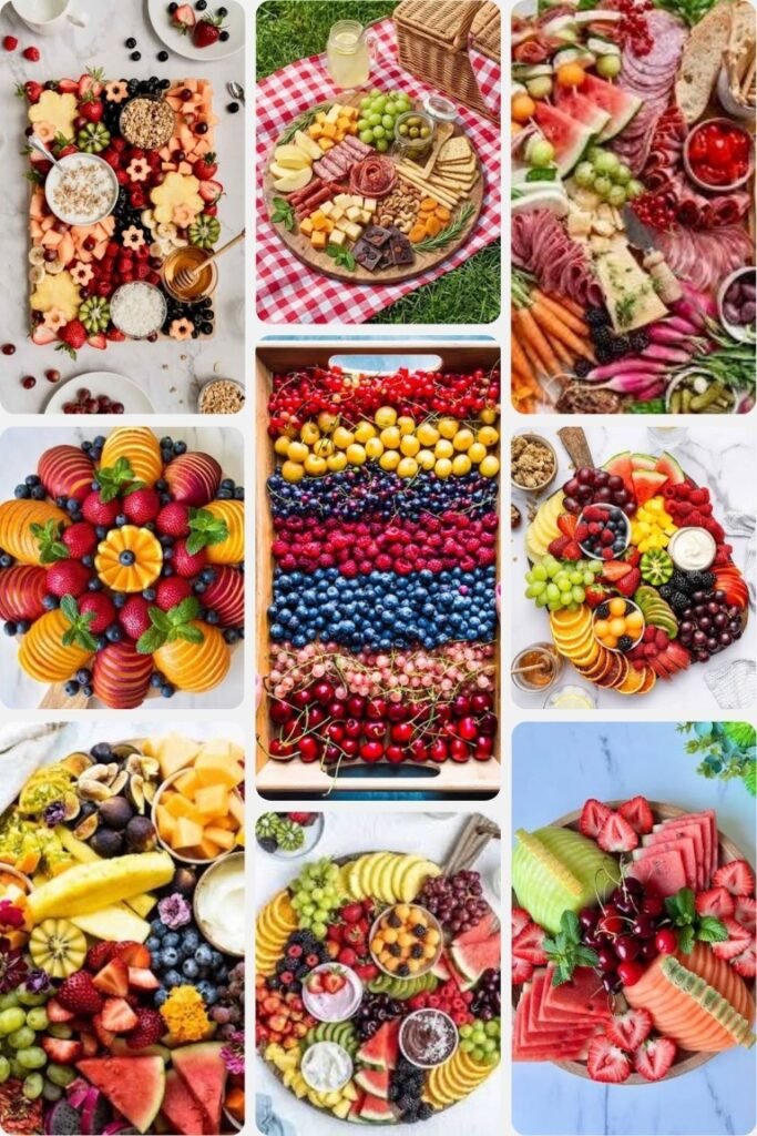 image004 Assorted fruit, cheese, and charcuterie boards arranged on a grid, colorful and inviting.