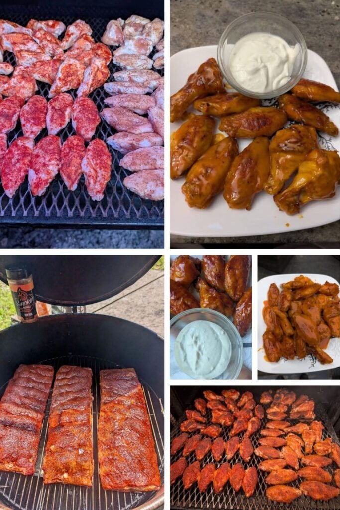 image005 Assorted barbecue: marinated wings, ribs, and chunks of meat grilling on a barbecue grill with sauces and dips nearby