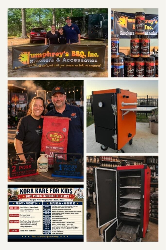 image005 Collage of a barbecue event: people at a 'Humphrey's BBQ' booth with a banner, sauce jars, a large orange smoker, and a 'Kora Kare for Kids' event sign and schedule poster.
