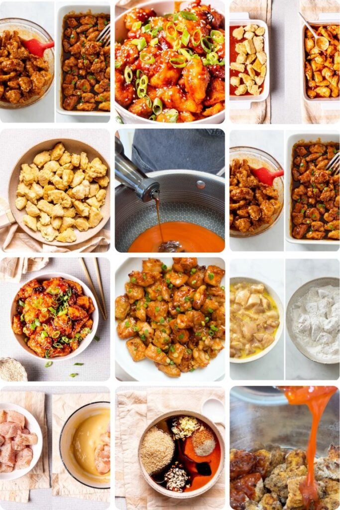 image005 Collage of assorted dishes: glazed fried chicken bites, stir-fried meat chunks, and bowls of sauce on a light table.