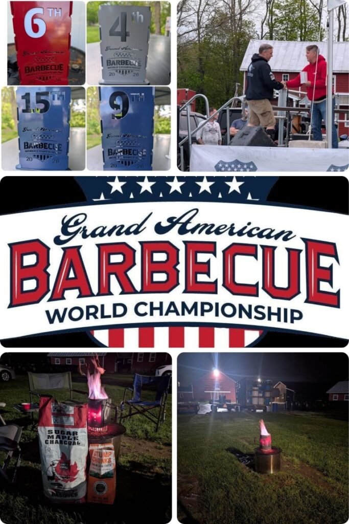 image006 Collage from the Grand American Barbecue World Championship showing trophy plaques for 6th, 4th, 15th, and 9th, plus a stage handshake and a large event logo backdrop.