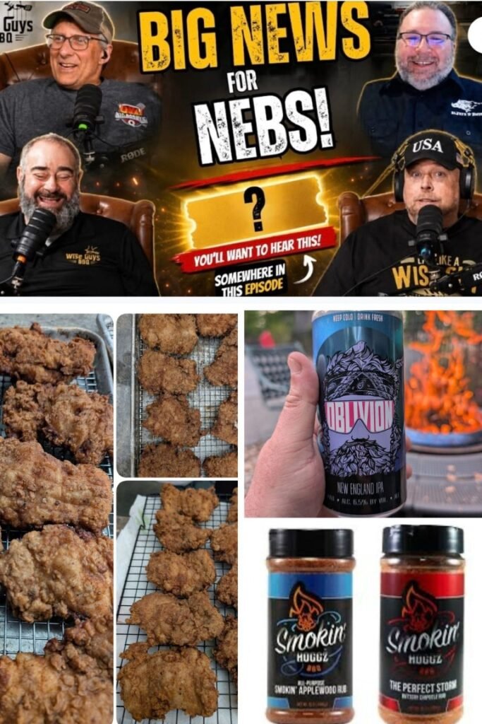image007 Collage of a podcast thumbnail with four men speaking into microphones and bold text 'BIG NEWS FOR NEBS!', plus separate food images including fried chicken, a blue-labeled can, and two spice jars labeled 'SmokinHoggz'.