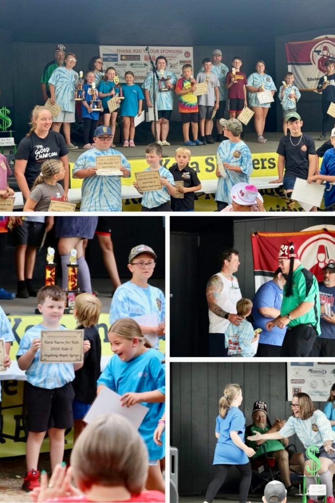 Blue Minimalist Summer Vacation Photo Collage - 1 Group of children on a stage receiving trophies and certificates at an awards ceremony with banners in the background.