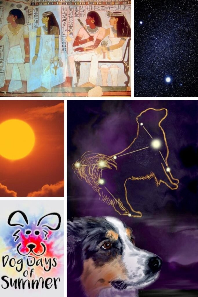 image007 Collage: Egyptian scene, starry sky, bright sun, dog constellation, and 'Dog Days of Summer' poster.