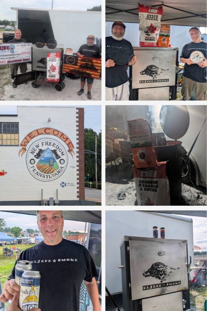 image009 collage of men at a barbecue event with smokers, grills, and fuel bags shown outdoors on a sunny day
