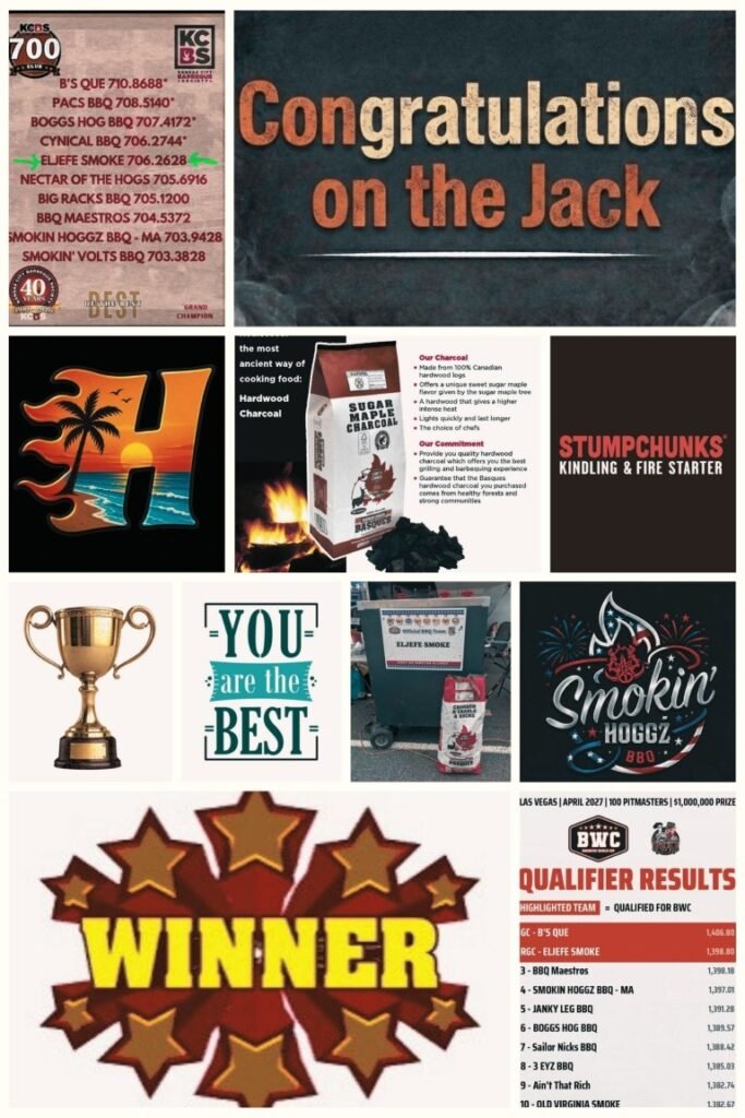 image010 Collage of barbecue competition visuals including a winner banner, trophy image, 'Congratulations on the Jack' sign, and various BBQ brand posters and awards.
