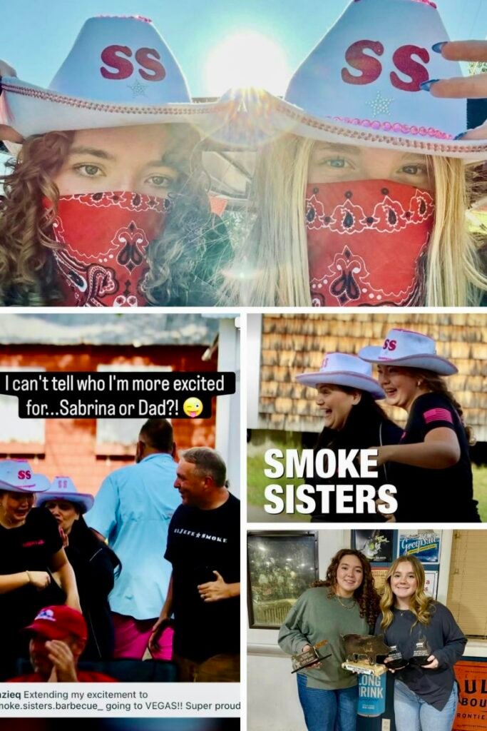 Black Simple Photographic Photo Collage - 1 Collage of four photos: two women wearing white cowboy hats with 'SS' and red bandanas over their faces, sunlit; a group of people chatting outdoors wearing matching shirts; two women wearing cowboy hats with 'Smoke Sisters' text; two young women indoors holding trophies and smiling.