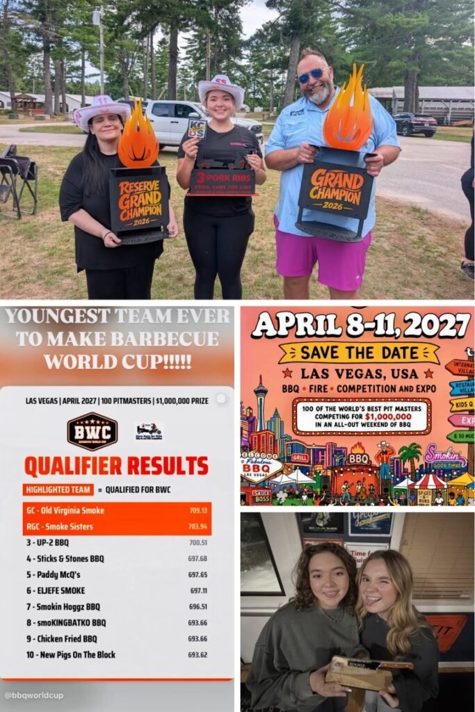 image013 Three winners pose outdoors with flaming trophy plaques, holding their BBQ prizes. Below are BBQ event posters and results banners (collage).