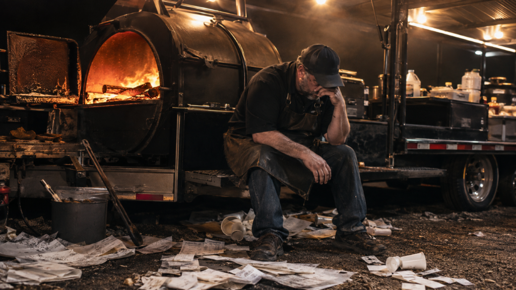 Smoke_Clears 10 - BBQ News Worker in apron sits on his heels beside a large glowing smoker, with papers and cups scattered on the dirty ground.