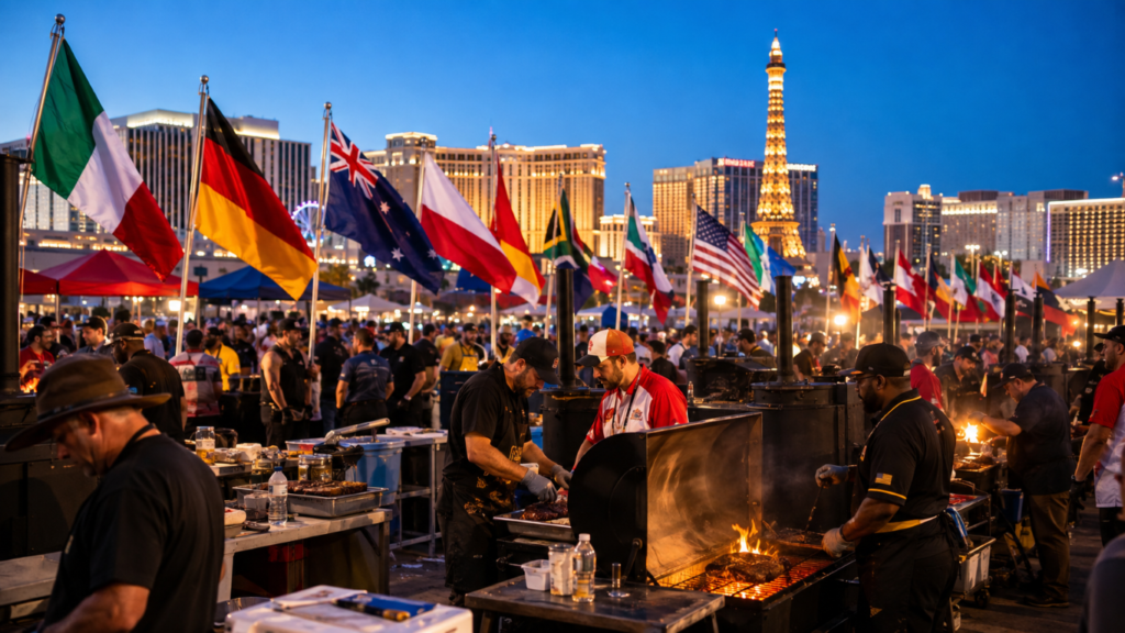 Smoke_Clears 11 - BBQ News Night scene at an international food festival on the Las Vegas Strip, dozens of flagpoles with country flags, chefs grilling over open flames, crowded tables and tents against a lit skyline.