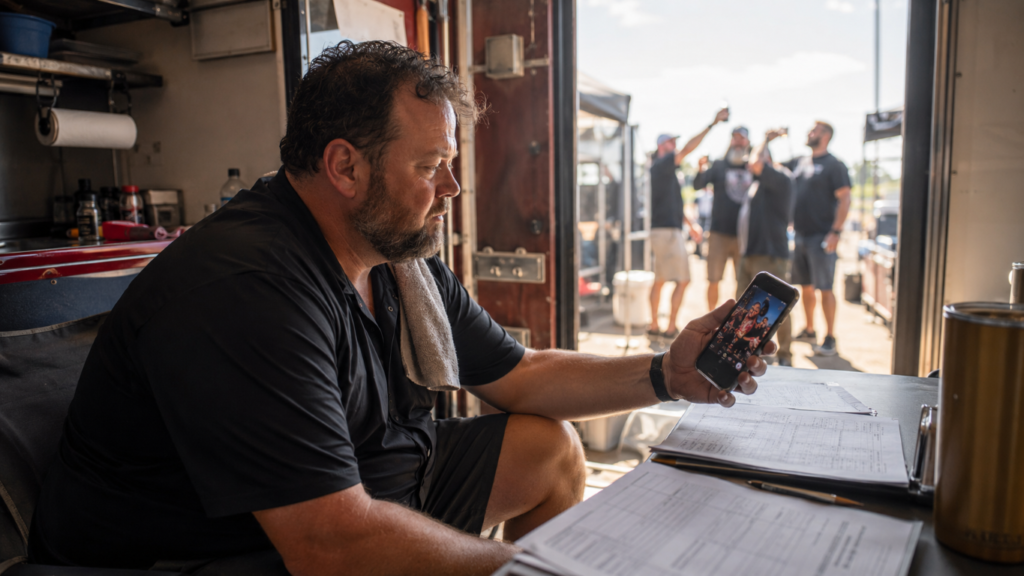 Smoke_Clears 12 - BBQ News Man in black shirt sits at a work table inside a trailer, glancing at his phone with documents laid out nearby while a group celebrates outside.