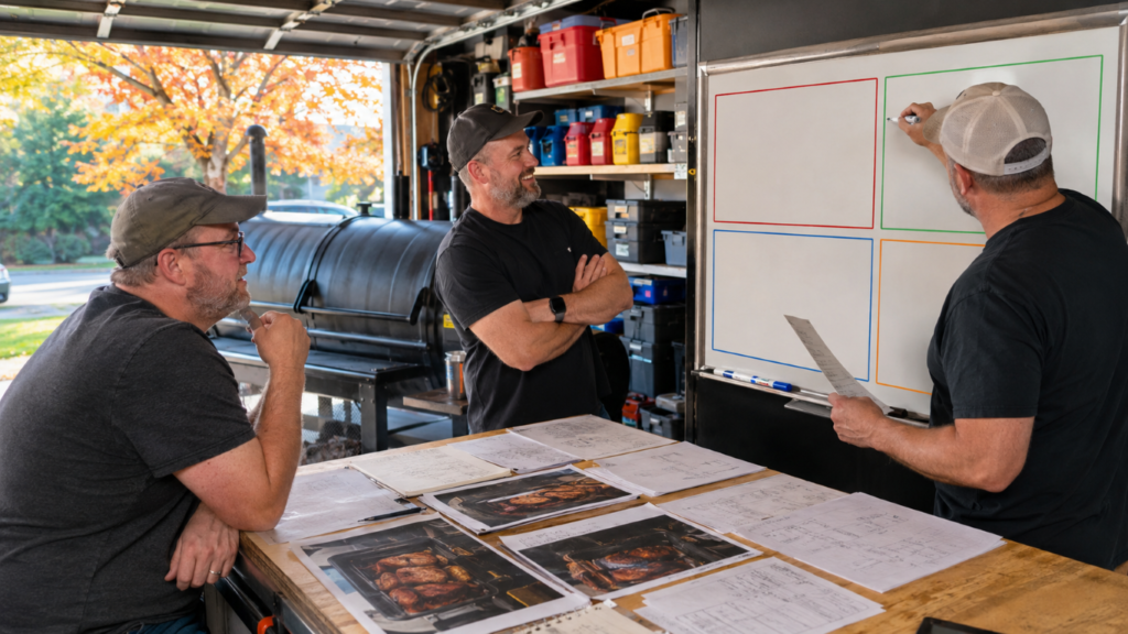 Smoke_Clears 13 - BBQ News Three men in a trailer workshop discuss a barbecue project, reviewing sketches and photos laid out on a wooden table with a smoker in the background.