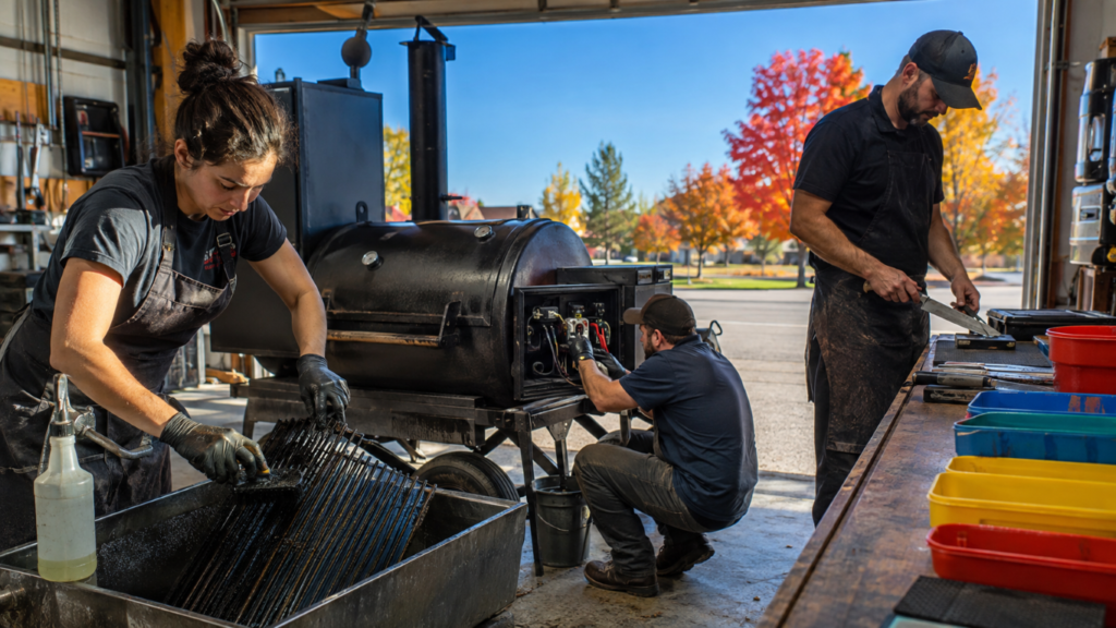 Smoke_Clears 14 - BBQ News Three workers in a workshop cleaning a large outdoor charcoal smoker, autumn trees visible outside the open bay door.
