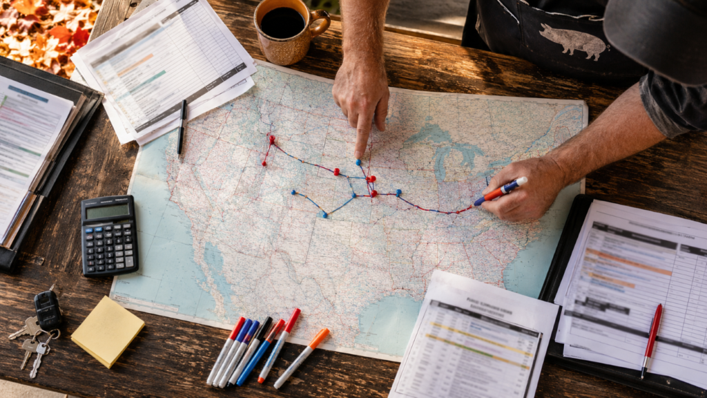 Smoke_Clears 15 - BBQ News Two people trace a red route with pins across a large road map on a wooden table, surrounded by documents and pens.
