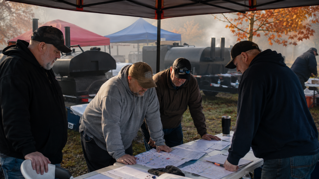 Smoke_Clears 3 - BBQ News Four men under a canopy study printed maps on a table at an outdoor event in autumn.