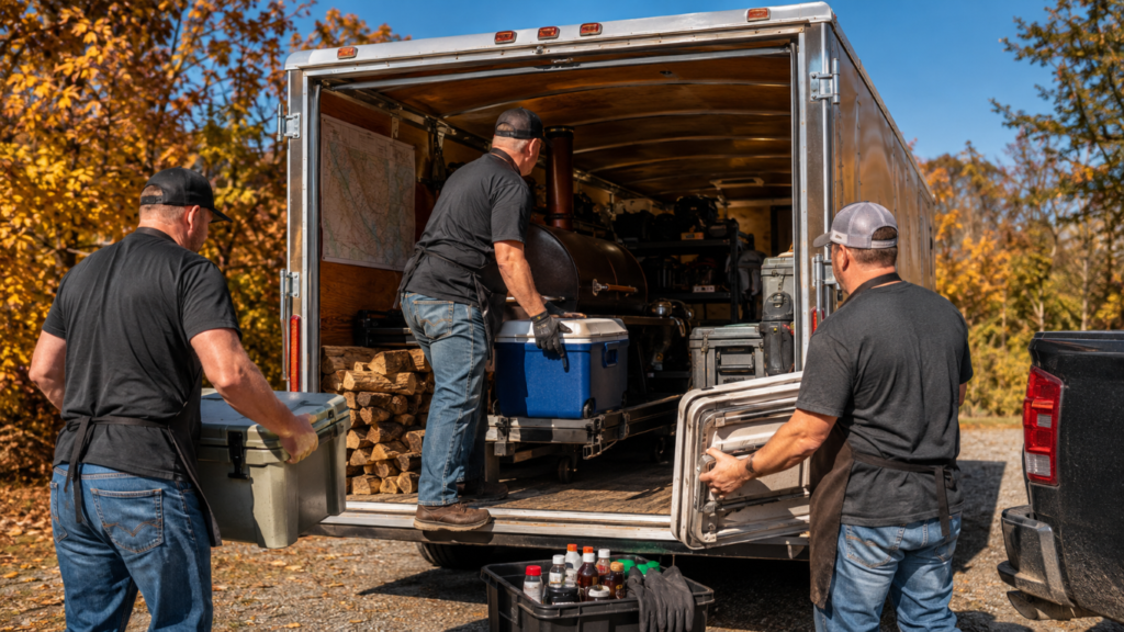 Smoke_Clears 4 - BBQ News Three men load gear into a trailer: cooler, tools, and a stack of firewood on a sunny autumn day.