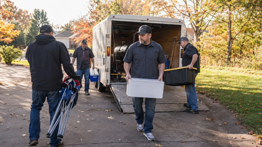 Smoke_Clears 6 - BBQ News Moving crew unloads a white truck in a fall neighborhood, carrying coolers and plastic bins.