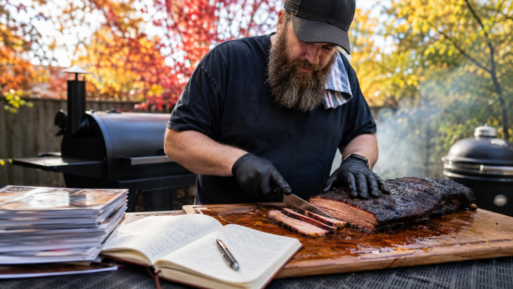 Smoke_Clears 7 - BBQ News Bearded man in a cap slices smoked brisket on a wooden cutting board outdoors with autumn trees in the background.