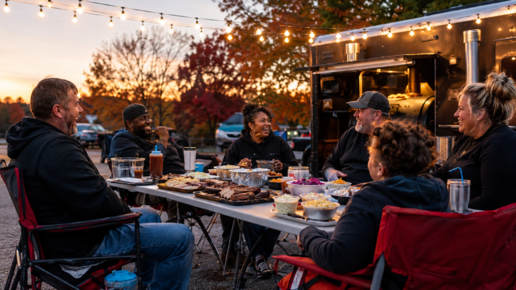 Smoke_Clears 8 - BBQ News Group of friends and family seated around a folding table, sharing a sunset outdoor BBQ feast beside a food truck under string lights.