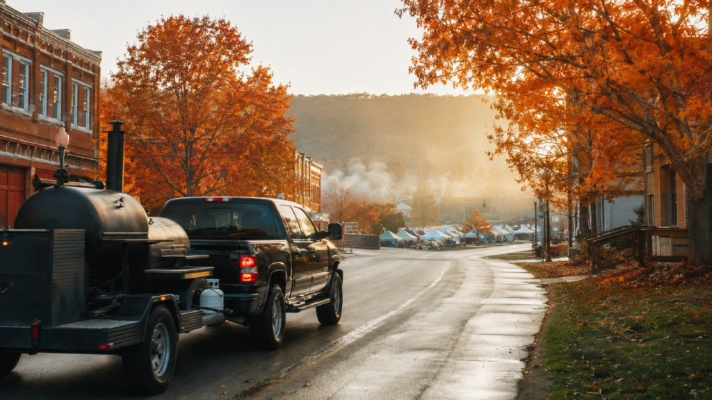 Smoke_Clears 9 - BBQ News Black pickup truck towing a large outdoor smoker on a trailer along a fall-colored street with orange trees and morning light, tents visible in the distance.